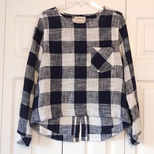 Anthro Navy & White Gingham Check Top